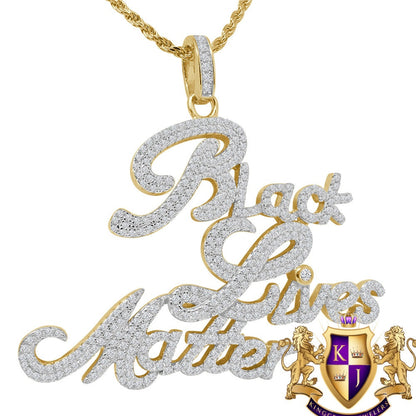 Mens Genuine Real Sterling Silver "Black Lives Matter" Charm Simulated Diamond Pendent + Rope Chain
