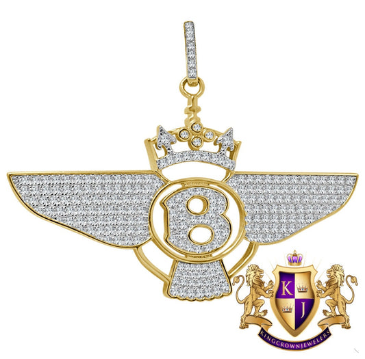 Real Yellow Gold Sterling Silver Simulated Diamond B Wing Flying B Bentley Crown Pendant Charm