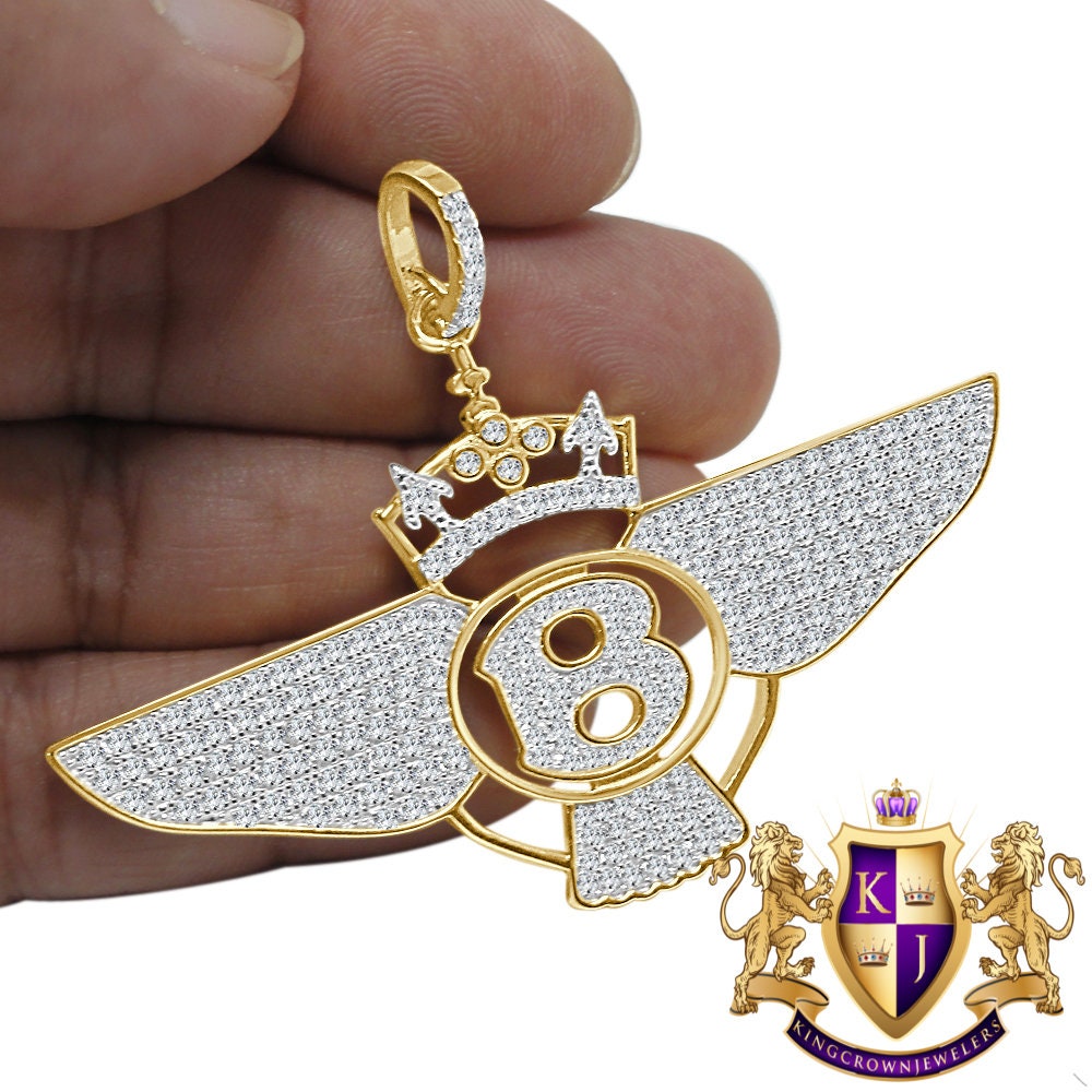 Real Yellow Gold Sterling Silver Simulated Diamond B Wing Flying B Bentley Crown Pendant Charm
