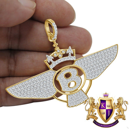 Real Yellow Gold Sterling Silver Simulated Diamond B Wing Flying B Bentley Crown Pendant Charm