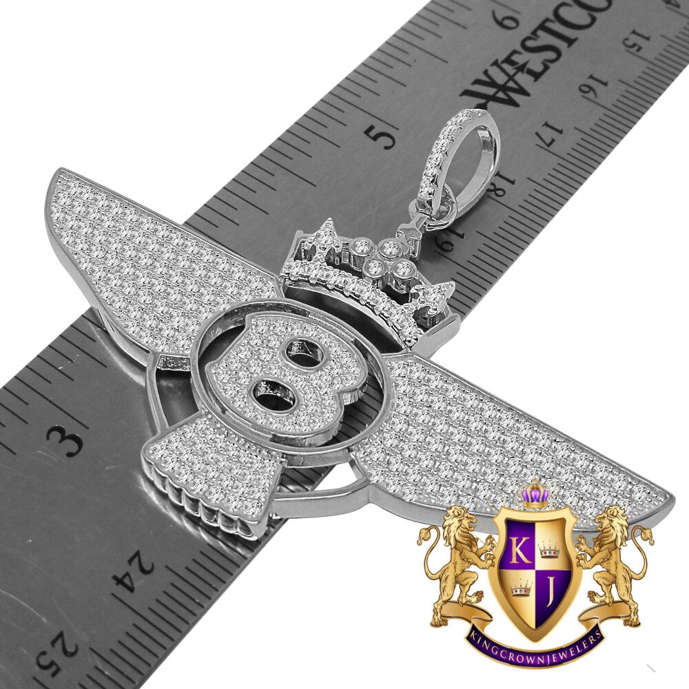 14K White Gold On Genuine Sterling Silver Simulated Diamond B Wing Flying B Bentley Crown Pendant Charm