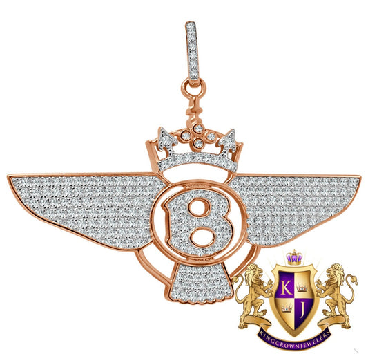 Real Rose Gold Sterling Silver Simulated Diamond B Wing Flying B Bentley Crown Pendant Charm