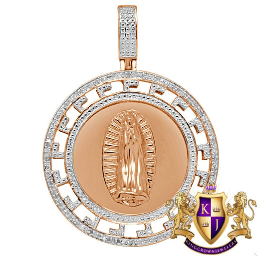 Real Genuine Diamonds Greek Style Virgin Mother Mary Pendent 10K Rose Gold Finish Charm Medallion