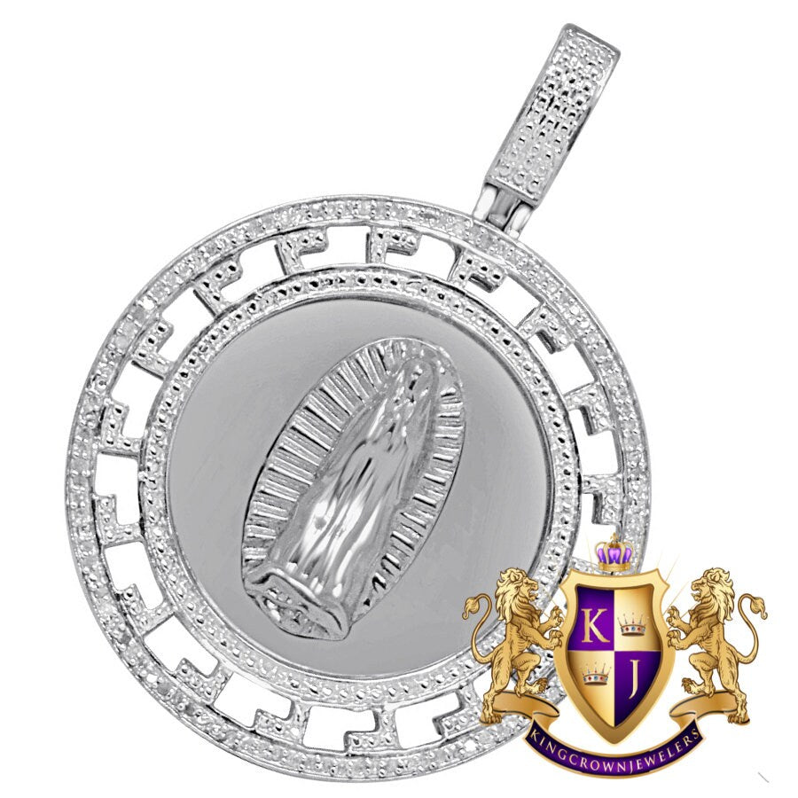 Real Genuine Diamonds Greek Style Virgin Mother Mary Pendent 10K White Gold Finish Charm Medallion