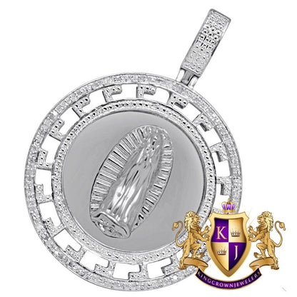 Real Genuine Diamonds Greek Style Virgin Mother Mary Pendent 10K White Gold Finish Charm Medallion