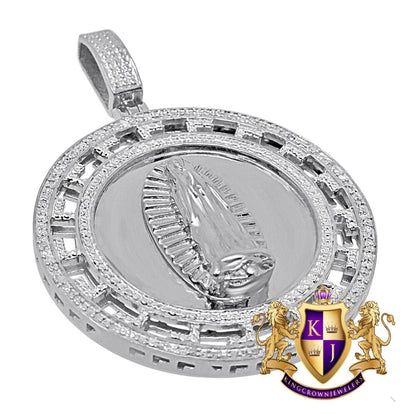 Real Genuine Diamonds Greek Style Virgin Mother Mary Pendent 10K White Gold Finish Charm Medallion