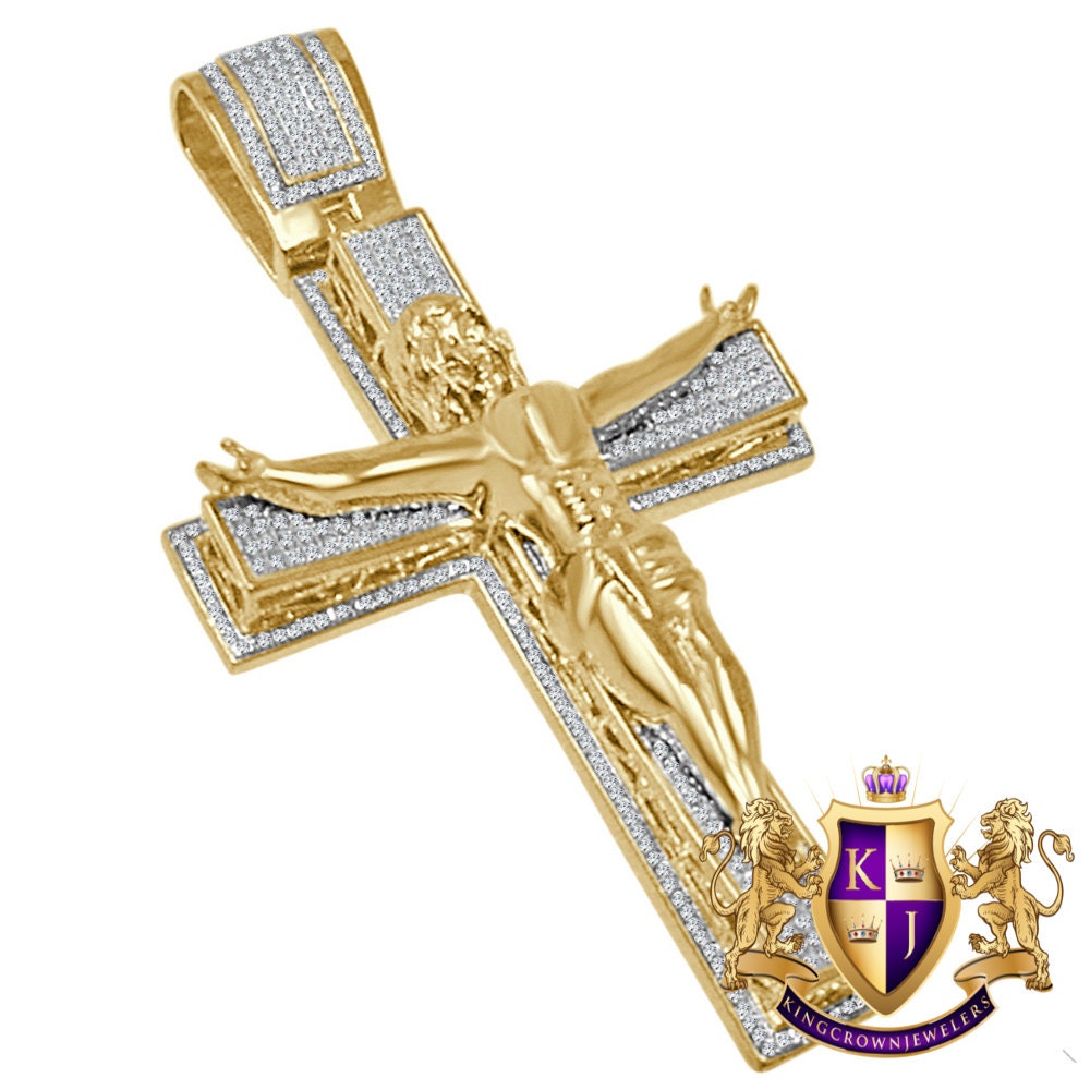Real Genuine Diamond Jesus Crucifix Cross 10K Yellow Gold Finish Charm Pendant Big 3.5''