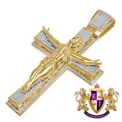 Real Genuine Diamond Jesus Crucifix Cross 10K Yellow Gold Finish Charm Pendant Big 3.5''