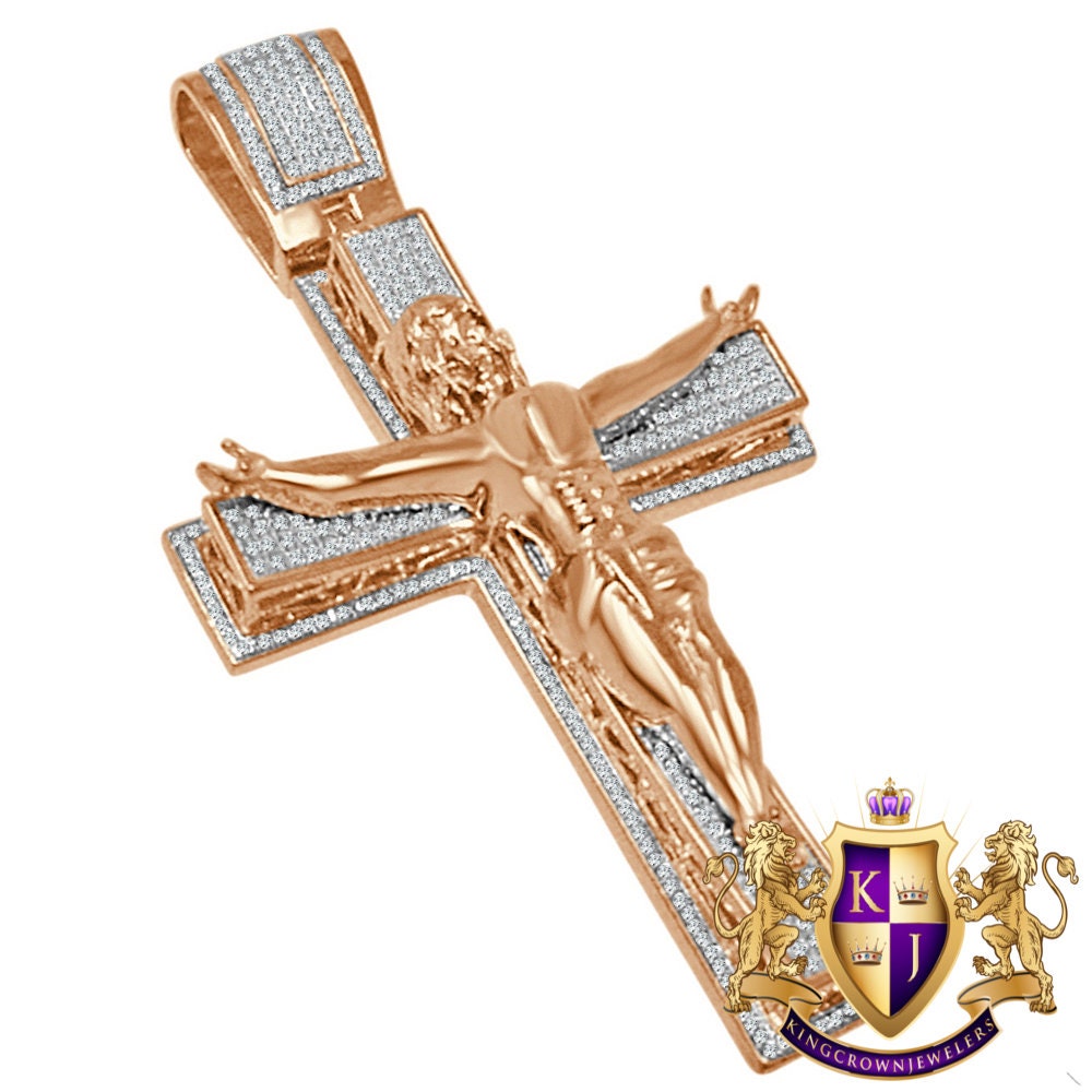 Real Genuine Diamond Jesus Crucifix Cross 10K Rose Gold Finish Charm Pendant Big 3.5''