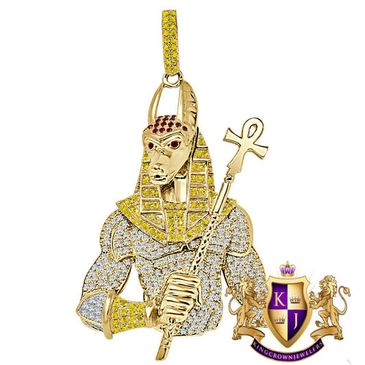 38+ Grams Big 3'' Real Authentic Sterling Silver Simulated Diamond 14K Gold Over Egyptian God Anubis Ankh Cross Custom Pendant Pharaoh Charm