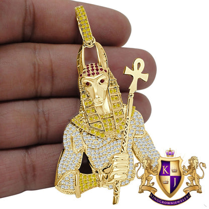38+ Grams Big 3'' Real Authentic Sterling Silver Simulated Diamond 14K Gold Over Egyptian God Anubis Ankh Cross Custom Pendant Pharaoh Charm