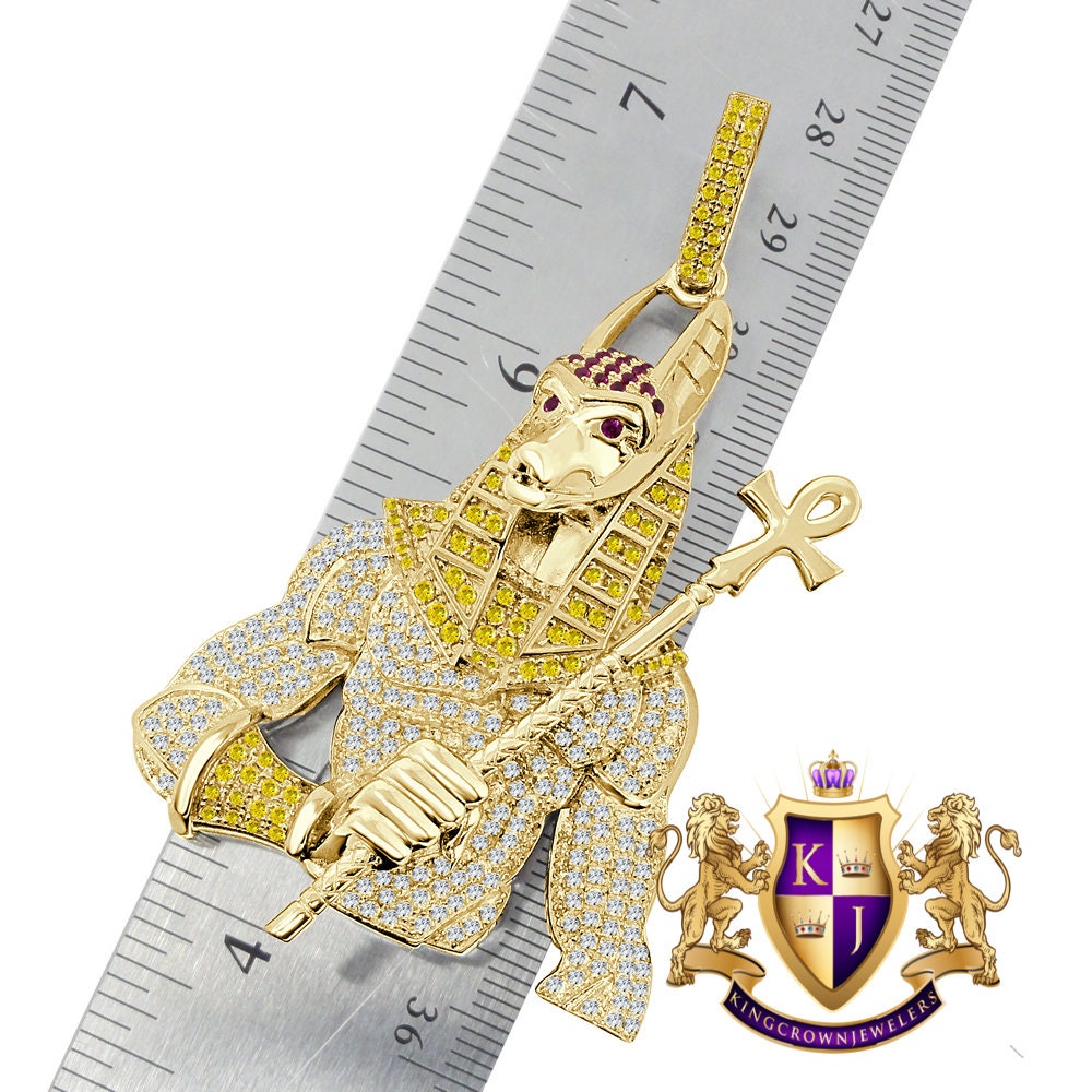 38+ Grams Big 3'' Real Authentic Sterling Silver Simulated Diamond 14K Gold Over Egyptian God Anubis Ankh Cross Custom Pendant Pharaoh Charm