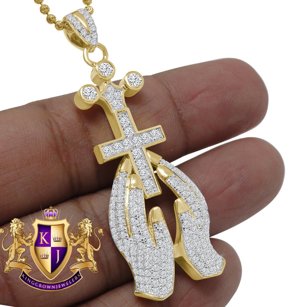 Authentic Genuine Italian Sterling Silver 14K Gold Over 1.50 Cwt. Simulated Diamond Praying Hands Cross Religious Pendant Charm Chain Set