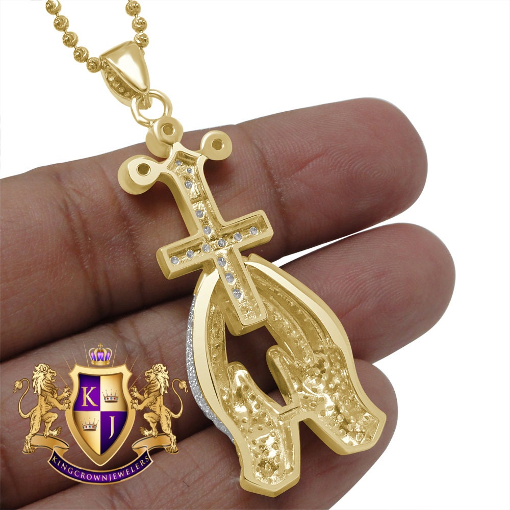 Authentic Genuine Italian Sterling Silver 14K Gold Over 1.50 Cwt. Simulated Diamond Praying Hands Cross Religious Pendant Charm Chain Set