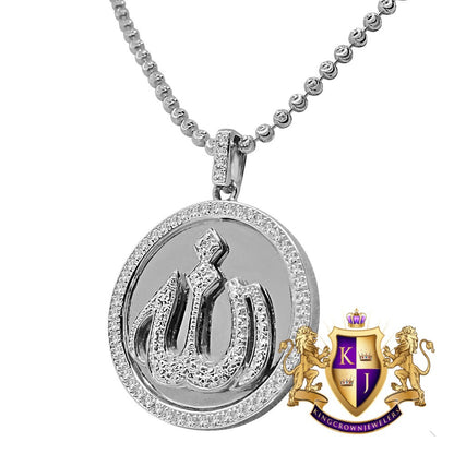 Men's Ladies Real Genuine Diamond 10K White Gold Finish Mini Allah Religious Pendent Charm Chain Necklace Set
