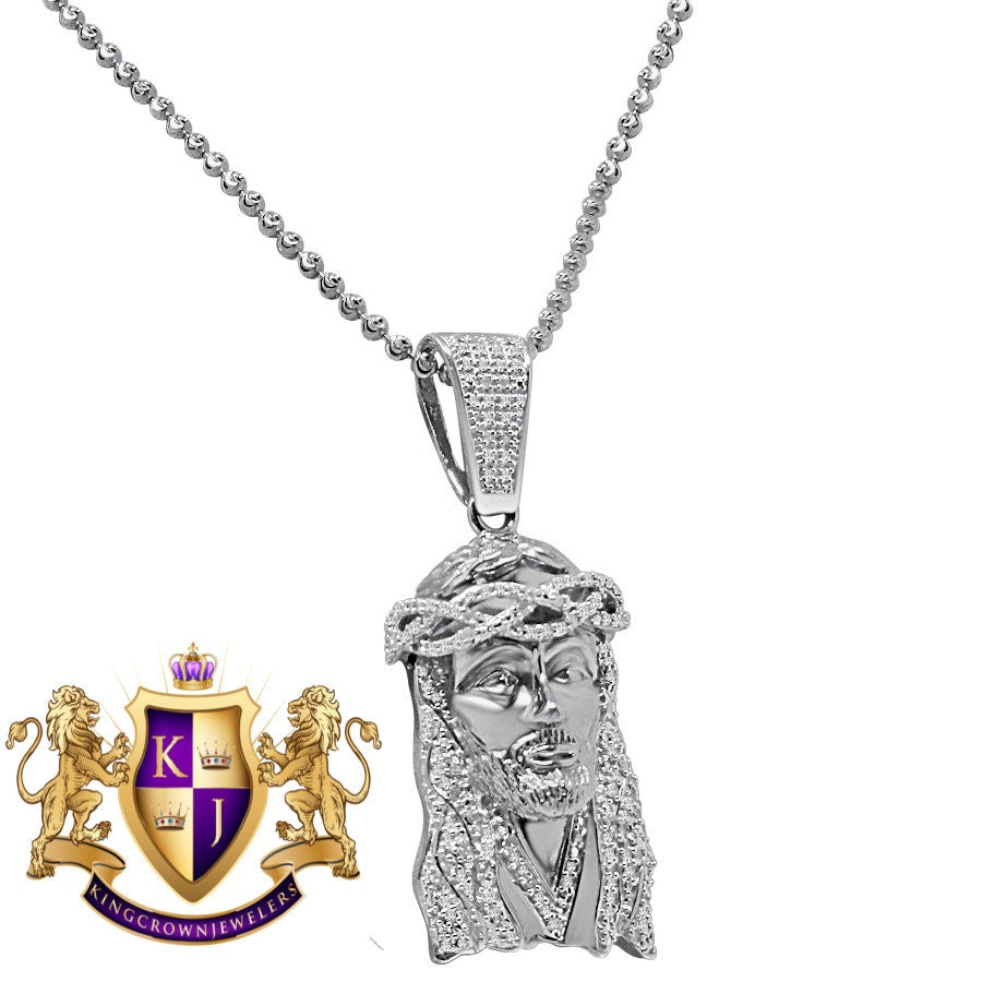 Genuine Diamond 10K White Gold Finish Mens Mini Jesus 1.75" Charm Pendant Chain Set