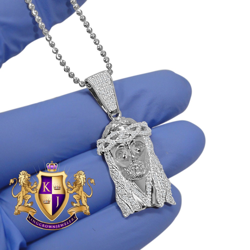 Genuine Diamond 10K White Gold Finish Mens Mini Jesus 1.75" Charm Pendant Chain Set