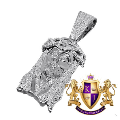 Genuine Diamond 10K White Gold Finish Mens Mini Jesus 1.75" Charm Pendant Chain Set