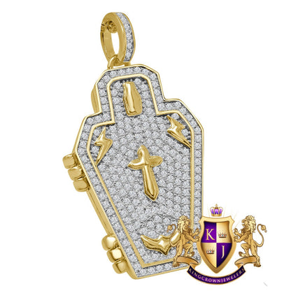 Men's 14 K Yellow Gold On Real Silver Simulated Diamond 3D Opening Coffin RIP Cross Funeral Casket Custom Charm Pendent
