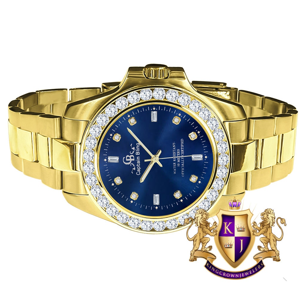 Blue Dial Stainless Steel Simulated Diamonds 18K Yellow Gold Finish Mens solitaire watch 42mm