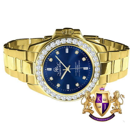 Blue Dial Stainless Steel Simulated Diamonds 18K Yellow Gold Finish Mens solitaire watch 42mm