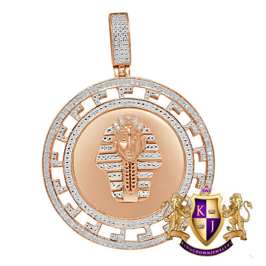 Real Genuine Diamonds Greek Style Egyptian Pharaoh King Tut Mummy Pendent 10K Rose Gold Over Charm Medallion 2.00''
