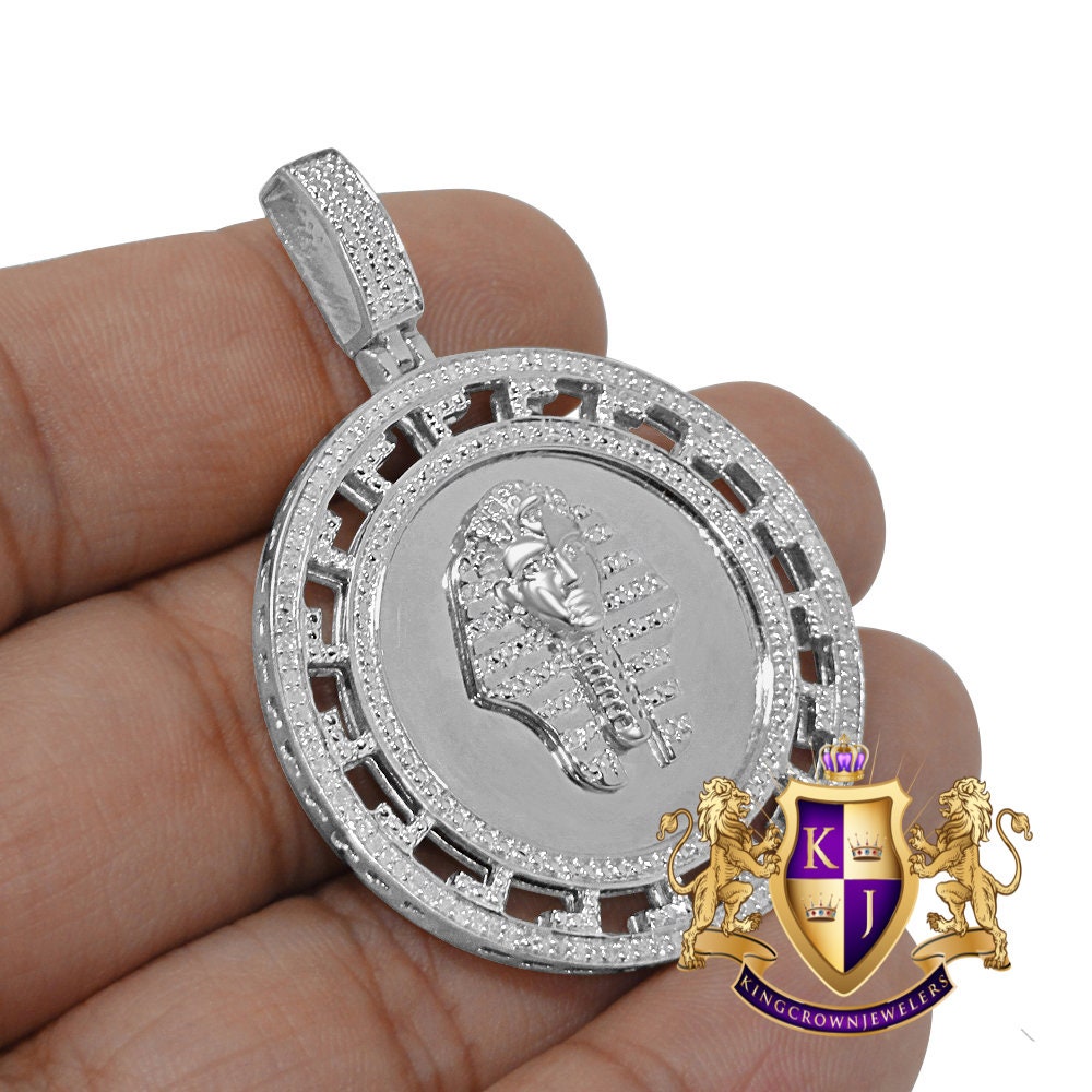 Real Genuine Diamonds Greek Style Egyptian Pharaoh King Tut Mummy Pendent 10K White Gold Over Charm 2.00''