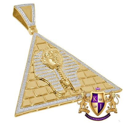 Real Genuine Diamond 10K Yellow Gold Finish Egyptian Pharaoh King Tut Pyramid Charm Pendent  xl 2.75''