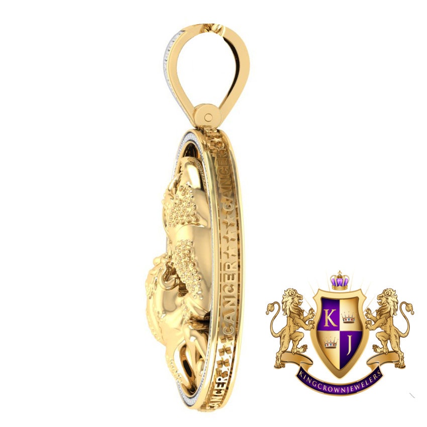 3D Real Genuine Authentic Diamond Zodiac Lucky Sign Cancer Crab Astrology Horoscope Pendant 10K Gold Over Good Luck Charm Medallion 2.25''