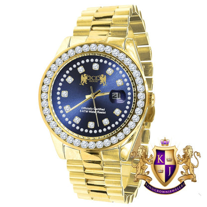 Mens Full Solid stainless Steel Solitaire Blue Face 18K Yellow Gold Finish Simulated Diamond 41mm Watch