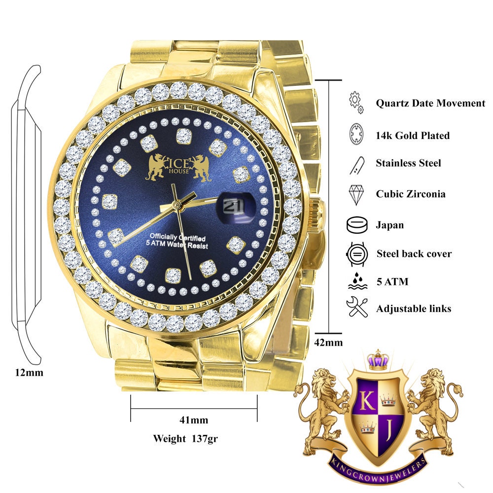 Mens Full Solid stainless Steel Solitaire Blue Face 18K Yellow Gold Finish Simulated Diamond 41mm Watch