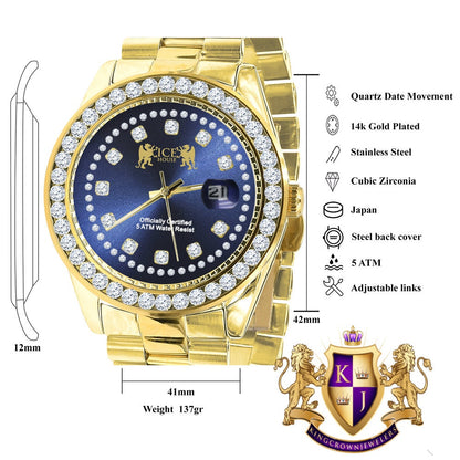 Mens Full Solid stainless Steel Solitaire Blue Face 18K Yellow Gold Finish Simulated Diamond 41mm Watch