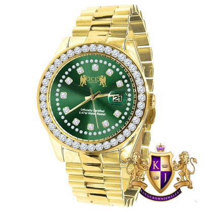 Mens Full Solid stainless Steel Solitaire Green Face 18K Yellow Gold Finish Simulated Diamond 41mm Watch