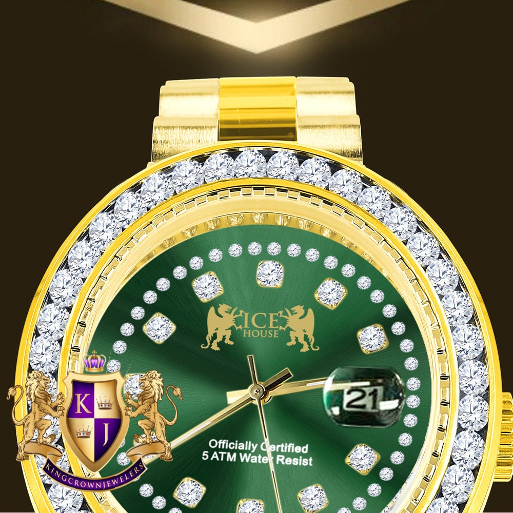 Mens Full Solid stainless Steel Solitaire Green Face 18K Yellow Gold Finish Simulated Diamond 41mm Watch