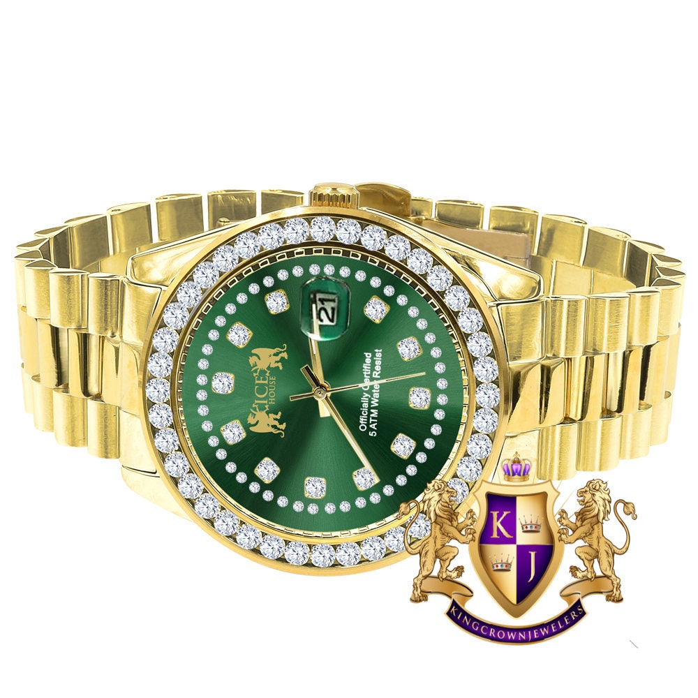 Mens Full Solid stainless Steel Solitaire Green Face 18K Yellow Gold Finish Simulated Diamond 41mm Watch