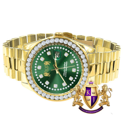 Mens Full Solid stainless Steel Solitaire Green Face 18K Yellow Gold Finish Simulated Diamond 41mm Watch