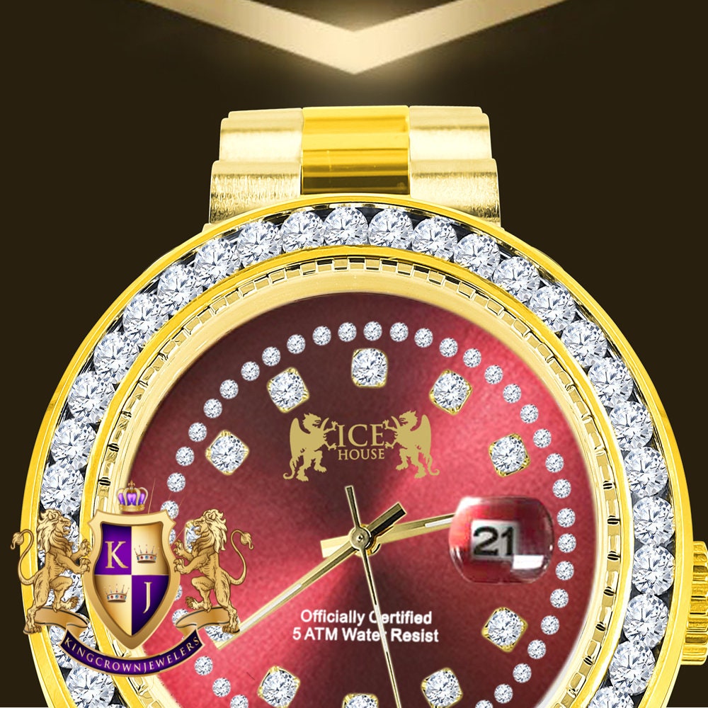 Mens Full Solid stainless Steel Solitaire Red Face 18K Yellow Gold Finish Simulated Diamond 41mm Watch