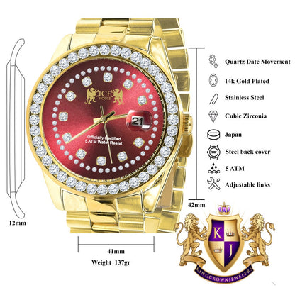 Mens Full Solid stainless Steel Solitaire Red Face 18K Yellow Gold Finish Simulated Diamond 41mm Watch