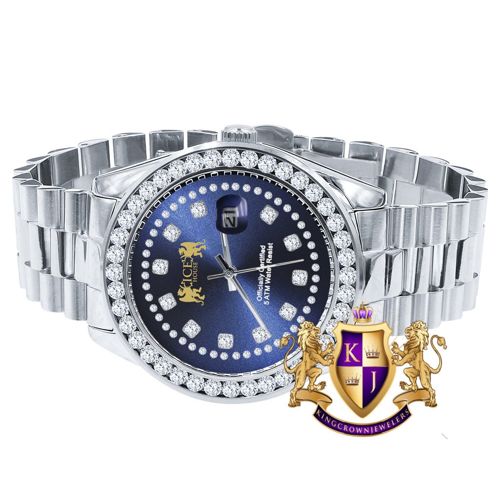 Sapphire Blue Dial Full Solid stainless Steel Solitaire 18K Yellow Gold Finish Simulated Diamond 41mm Mens Watch