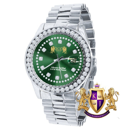 Emerald Green Dial Full Solid stainless Steel Solitaire 18K Yellow Gold Finish Simulated Diamond 41mm Mens Watch