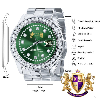 Emerald Green Dial Full Solid stainless Steel Solitaire 18K Yellow Gold Finish Simulated Diamond 41mm Mens Watch