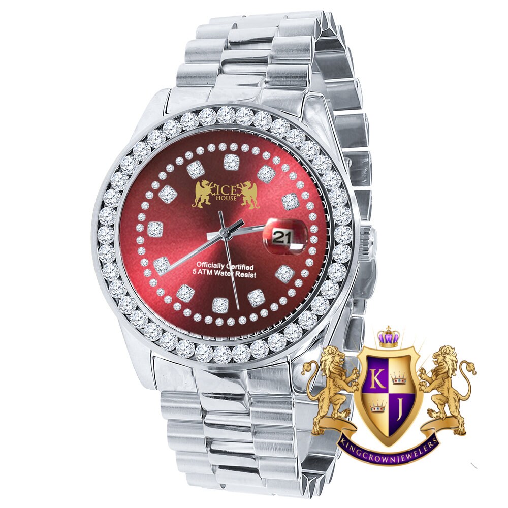Ruby Red Dial Full Solid stainless Steel Solitaire 18K Yellow Gold Finish Simulated Diamond 41mm Mens Watch