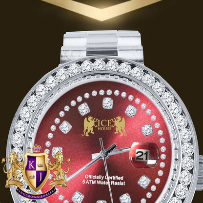 Ruby Red Dial Full Solid stainless Steel Solitaire 18K Yellow Gold Finish Simulated Diamond 41mm Mens Watch