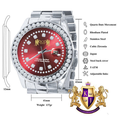 Ruby Red Dial Full Solid stainless Steel Solitaire 18K Yellow Gold Finish Simulated Diamond 41mm Mens Watch