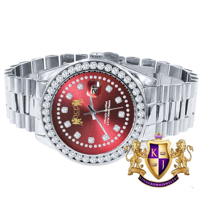 Ruby Red Dial Full Solid stainless Steel Solitaire 18K Yellow Gold Finish Simulated Diamond 41mm Mens Watch