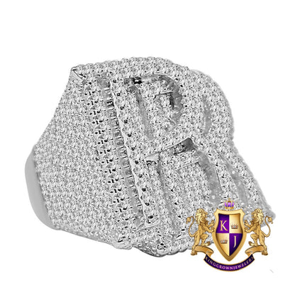 Mens Real White Gold Over Genuine Sterling Silver "RR" Simulated Diamond Custom Luxury Car Ring Band