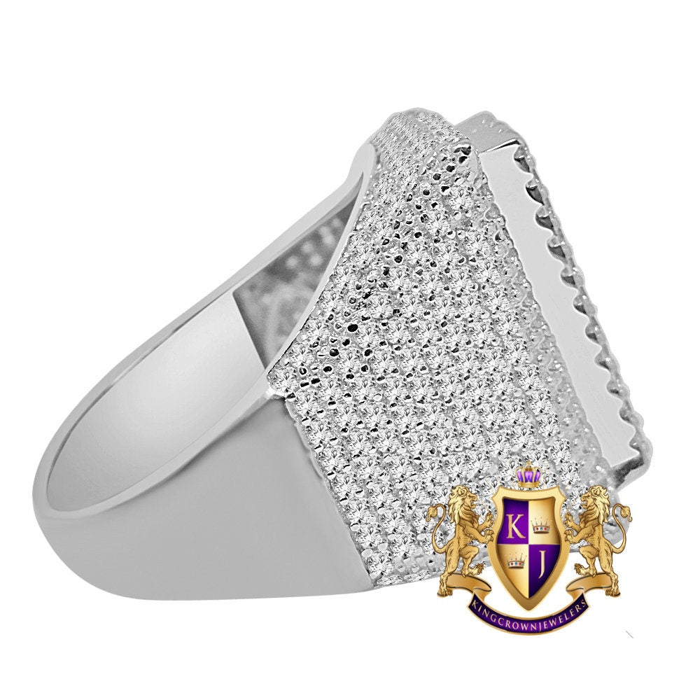 Mens Real White Gold Over Genuine Sterling Silver "RR" Simulated Diamond Custom Luxury Car Ring Band