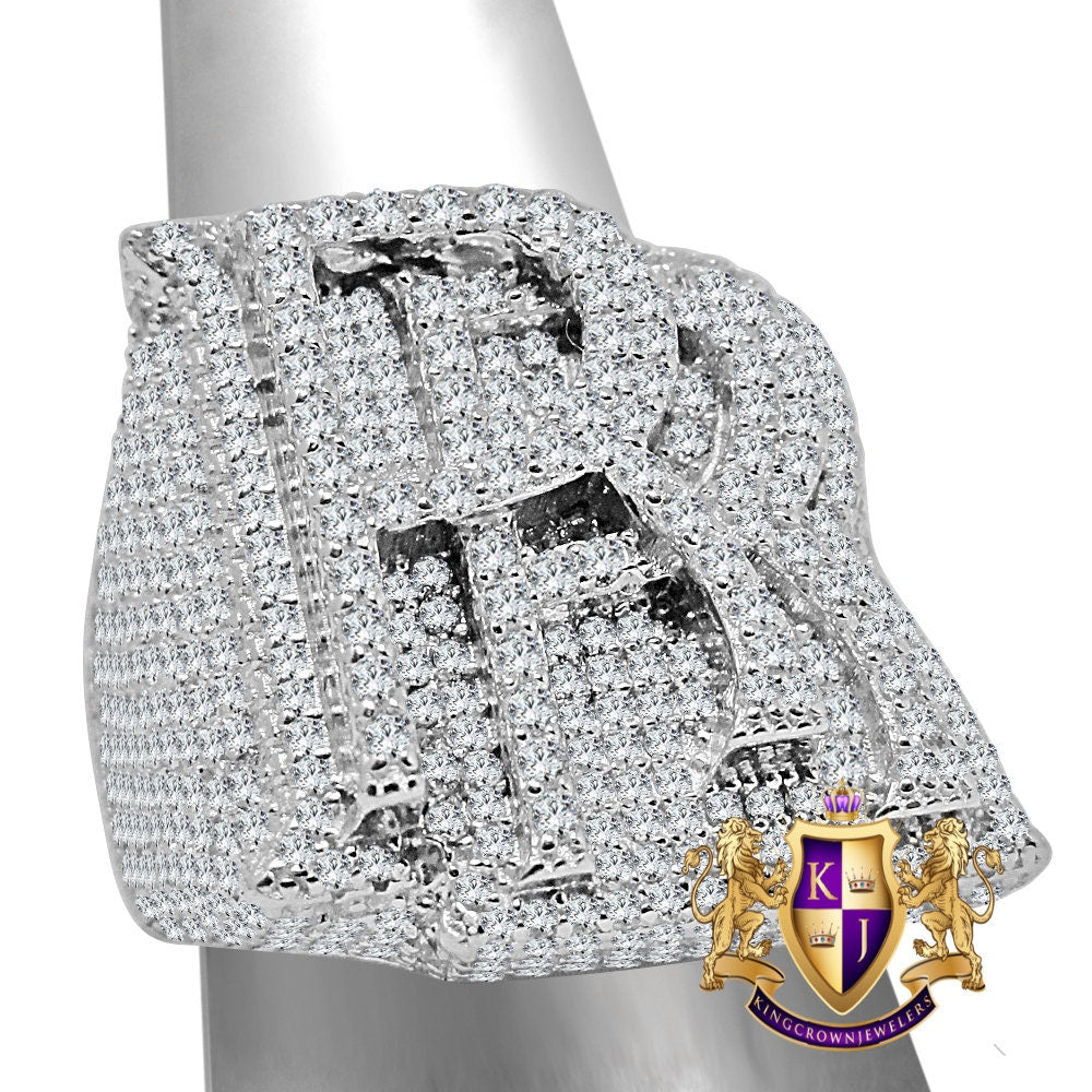 Mens Real White Gold Over Genuine Sterling Silver "RR" Simulated Diamond Custom Luxury Car Ring Band