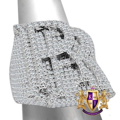Mens Real White Gold Over Genuine Sterling Silver "RR" Simulated Diamond Custom Luxury Car Ring Band
