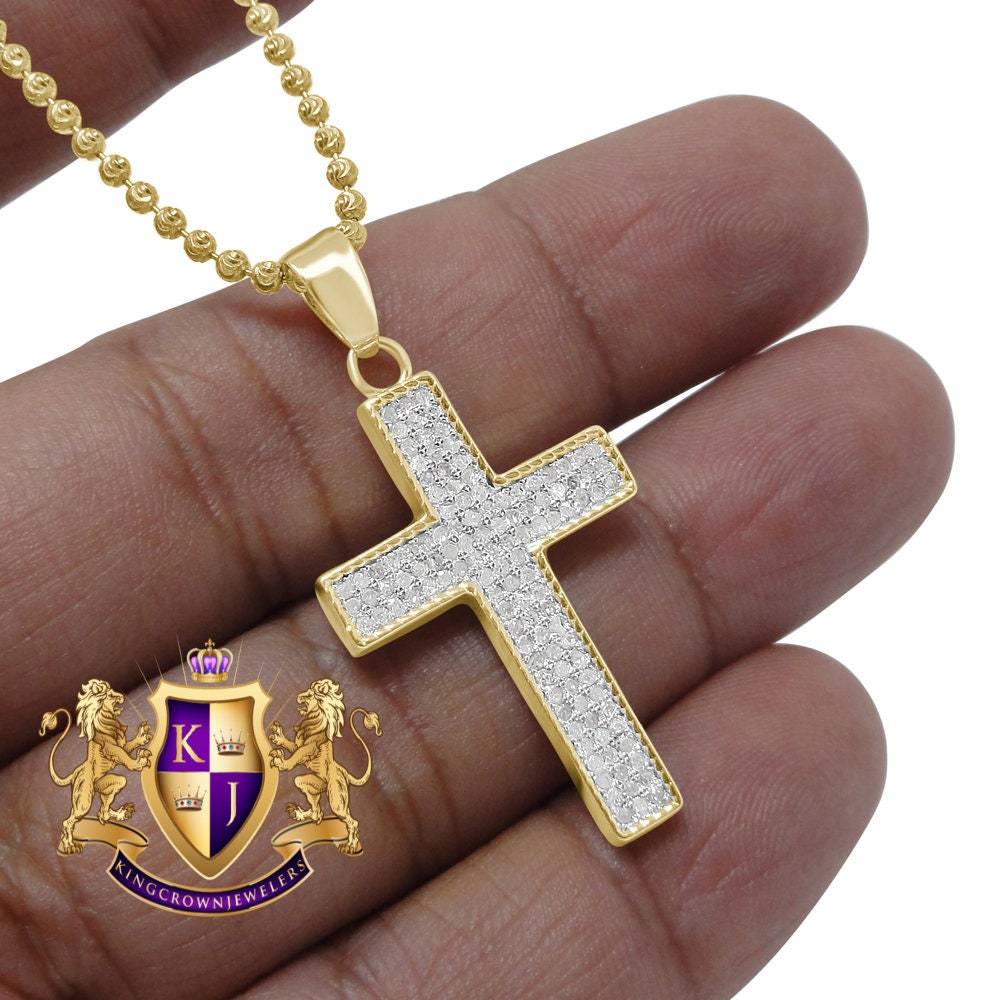 Unisex Genuine Authentic Diamond 0.50 Cwt Jesus Cross Pendent Charm 10K Yellow Gold Finish 1.50''